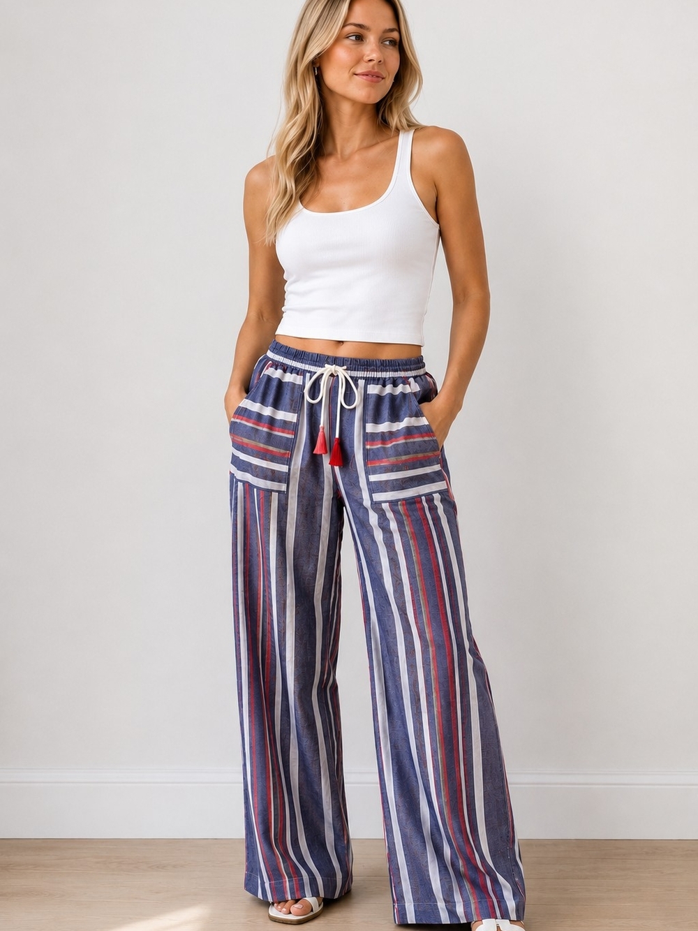 ChancES R Striped Wide-Leg Cotton Drawstring Pants - Blue/Red Size L NWT